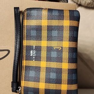 COACH Leather Navy and Honey Plaid Gingham Wristlet